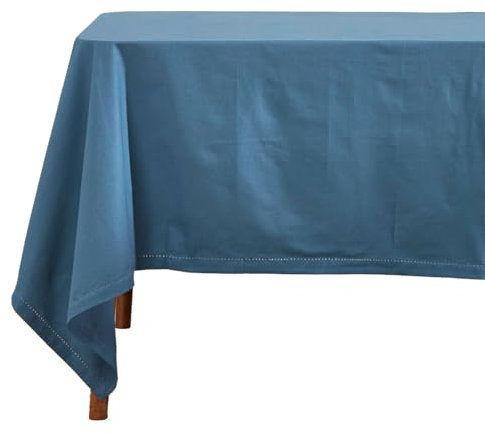 Homescapes Blaue Tischdecke mit Hohlsaum aus 100% Baumwolle 178x300 cm, XXL Tischtuch rechteckig, waschbar & pflegeleicht