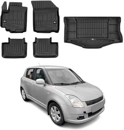 OMAC Fußmatten & Kofferraumwanne Set kompatibel mit Suzuki Swift 2005-2010 Gummi Schwarz 5X