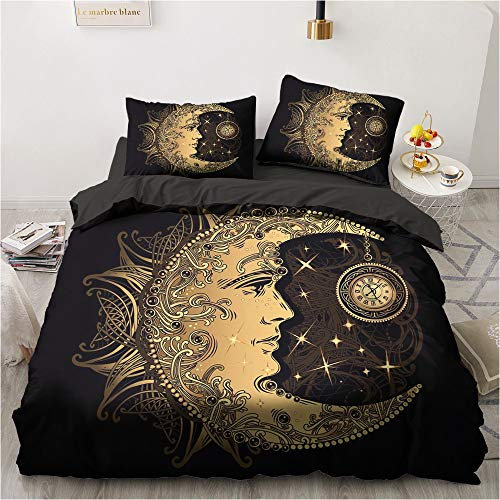 Luowei Sonne und Mond Bettwäsche 135x200cm Schwarz Gold Bohemien Mandala Bettbezug Weiche Mikrofaser Deckenbezug mit Reißverschluss und Kissenbezug 80x80cm