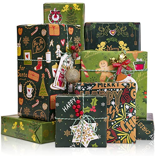 Toptime Geschenkpapier Weihnachten Set, 6 Blatt Grünes Geschenkpapier mit 6 Geschenkanhänger, Aufkleber und Packseil, Glitzer Weihnachtspapier mit Lebkuchenmann- und Engelsmotiven, 50 x 70 CM
