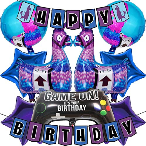 Videospiel Party Aluminium Ballons und Banner für Geburtstag,Aluminium Folienballon in Gamepad-Form,Alpaka Luftballons Videospiel Thema Partyzubehör Set für Kindergeburtstagsfeier Deko(10 Stück)
