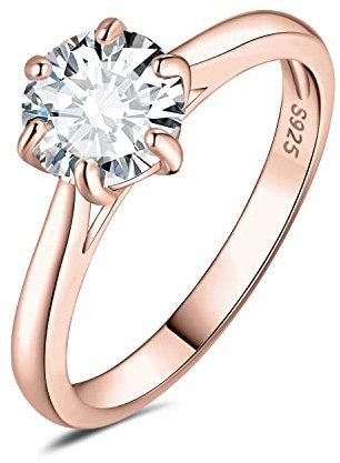 JewelryPalace 1.5ct Classique Moissanite Bague Taille Rond Solitaire Pierre Argent Massif 925 Femme, Plaqué Or Rose Bague Diamant Simulé Fiançailles Mariage Promise Alliance, Ensemble Bijoux Mariee