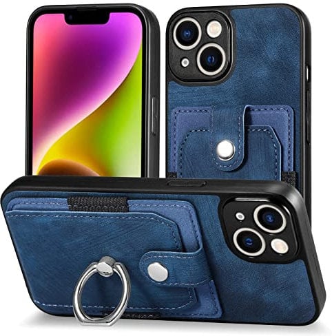 Unichthy For iPhone 13 Case with Card Holder Wallet Case Ring Kickstand PU Leather Phone Case TPU Silicone Shockproof Bumper Case Magnetic Car Mount Holder Protective Cover for iPhone 13 Blue