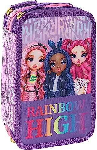 FCP Estuche escolar Rainbow High Violeta 3 planos con cremallera completa + regalo llavero de lentejuelas y bolígrafo de colores, multicolor, standard, Estuche
