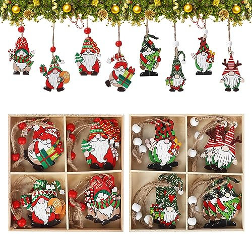 24 Stück Holz Weihnachten Anhänger, Ornamente Weihnachtsmann Weihnachtsbaum Hängender mit Seilen, Bunter Weihnachtszwerg Kunsthandwerk Weihnachtsbaumschmuck für Weihnachtsfeier