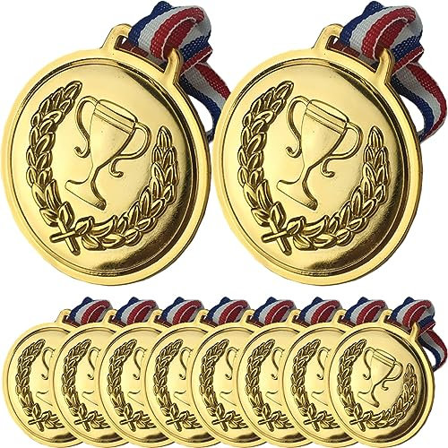 Amosfun Weihnachtstag Spiele Dekorationen 10pcs Gold Jungen und Mädchen Medaillen Party Spielzeug Award Medaillen Kit Lanyard für Kinder