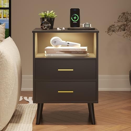 Vlsrka LED Nachttisch mit Geheimfach, Nachttisch mit Ladefunktion, Modern Nachttische mit Versteck und 2 Schubladen, Nachttische Holz für Schlafzimmer, Kabelloses Laden, 3 Farben Licht, Schwarz