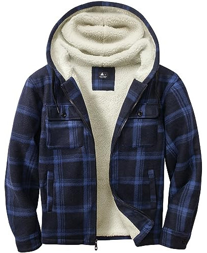 zitysport Hemdjacke Herren Hemd Sherpa Fleece Kariert Gefüttert Kapuzenpullover Fleecefutter Mantel Winter Jacke mit Taschen Flanellhemd Kariertes Männer Sweatjacke mit Kapuze(Marineblau,L)