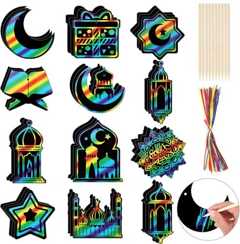 HOWAF 36 Stück Ramadan Eid Kratzbilder für Kinder, Stern Mond Laterne Moschee Geformt Kratzpapier Ramadan Deko Islamische Muslimische Party Ramadan Geschenke Eid Mubarak Geschenke für Kinder