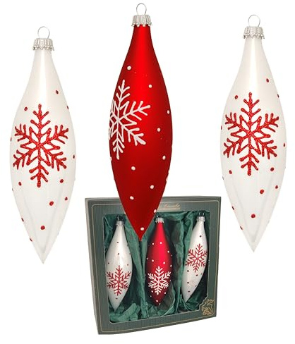 Krebs Glas Lauscha - Weihnachtsdekoration/Christbaumschmuck aus Glas - Oliven Schneeflockendesign - Farbe: Rot/Weiß - Menge: 3 Stück - Größe: ca. 15 cm
