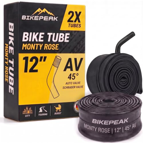 BikePeak 2X Kinderwagen Schlauch 12 Zoll Autoventil 45° abgewinkelt | Schlauch AV Schrader Ventil, ETRTO 47/62-203, 300A - 2er Set Schläuche Buggy, Dreirad, Laufrad, Fahrrad, Kinderrad