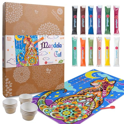 Sabbiarelli – Maxi Set Mandala Cat 12-99 | Kit de Sand Art de Gato | 1 Póster Adhesivo, Arena de Colores y Accesorios | 100% Made in Italy | Hobby | Jóvenes y Adultos