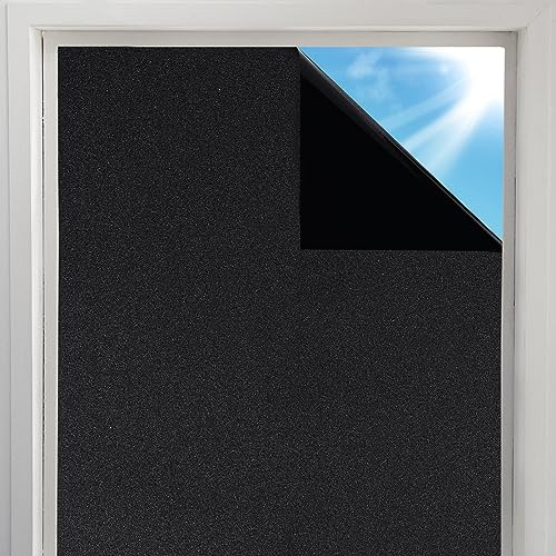 Verdunkelungsfolie für Fenster 100% Lichtblockierung,Fensterfolie Blickdicht Schwarz Sichtschutz Fensterfolien Milchglasfolie Selbstklebend Dunkel Folie Ohne Kleber Anti-UV für Bad Glas Tür(44.5*200CM