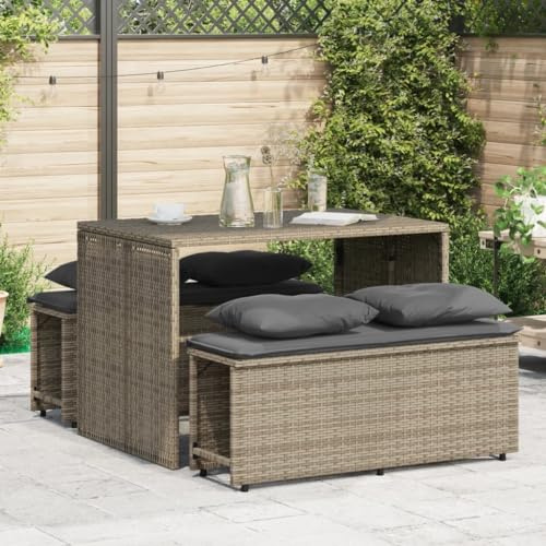 Tonture 3-TLG. Garten-Essgruppe mit Kissen, Grau Poly Rattan, 110x70x72cm Tisch, 2 Bänke, UV-beständig, pflegeleicht, für Balkon & Terrasse
