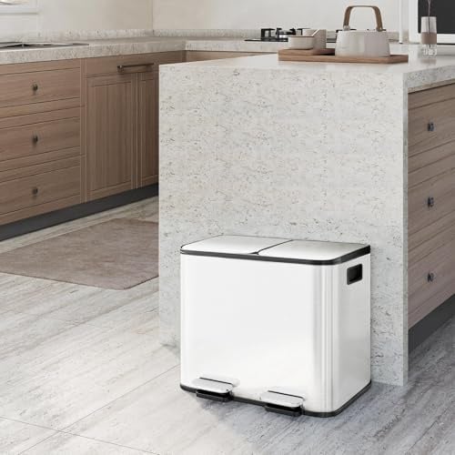 GarveeTech Poubelle Cuisine 2 x 15L (30L) Inox, Tri Sélectif Double Compartiment Avec Pédales Métal, Couvercle Fermeture Douce Et Maintien Ouvert, Seaux Amovibles, Anti-Odeur, Blanc