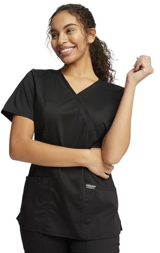 Workwear Revolution Women Scrubs Top Mock Wrap WW610, XL, Black