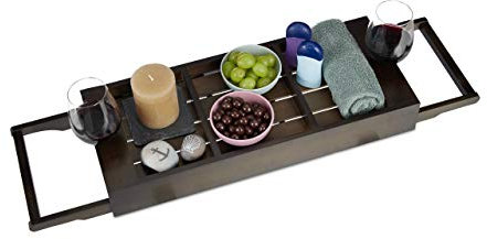 Relaxdays Badewannenablage Bambus, ausziehbares Badewannenbrett, Ablage für Seife & Schwamm, Wannenablage, Dunkelbraun, 10024666, Bambus Badewannenablage Dunkelbraun