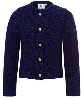 Isar-Trachten Mädchen Trachten Strickjacke dunkelblau Marina 002386, kuschlig warme Strickjacke, Glattstrick, altsilberfarbene Knöpfe mit Blumenmuster 116