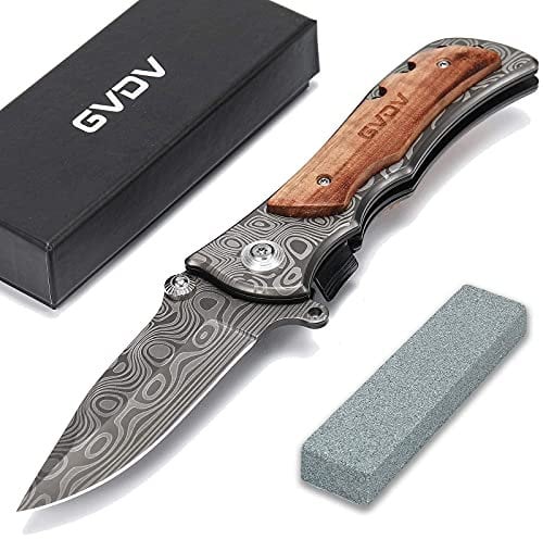 GVDV Couteau Pliant Poche avec Pierre à Aiguiser - Couteau Pliable de Survie Chasse en Acier Inoxydable 7Cr17, Poignée en Bois, Blocage de Sécurité, pour Homme, Papa