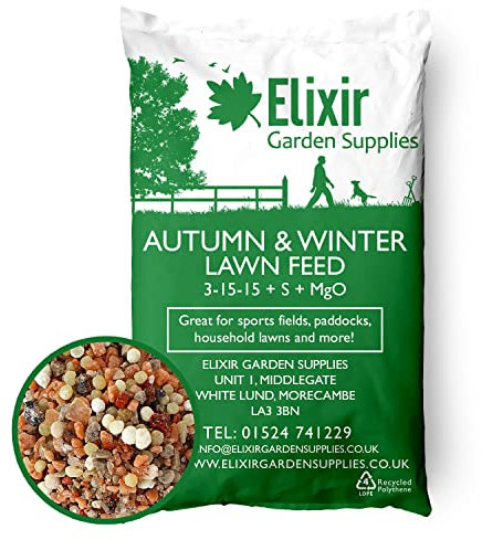 Elixir Gardens 25kg Bag Autumn Winter Sports Field, Paddock and Lawn Feed Fertiliser (NPK: 3-15-15 + 5.2% S) Treats 500 sq.m, Made for British Climate