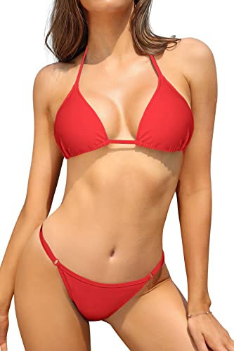 SHEKINI Costume da Bagno Due Pezzi Donna con Lacci Imbottito Halter Bikini Set Triangolo Vita Bassa Brasiliano Perizoma Bikini da Spiaggia(S, Rosso)