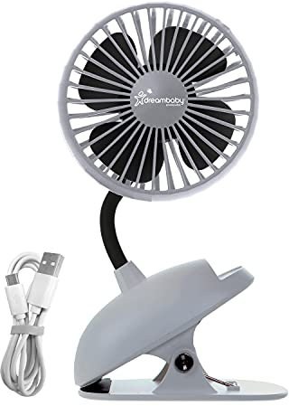 Dreambaby Pram Fan - USB, Tripod Clip on Fan, Stroller Fan for Babies, Handheld Fan, Desk Fan, Portable Fan. Deluxe Caged USB Fan. Cooling Fan for Stroller, Car Seat, Cot, Desk, Gym (Grey)