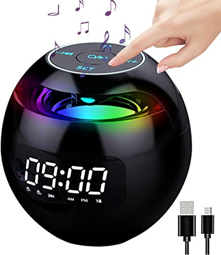 LCOZX Tragbarer Bluetooth-Lautsprecher, Digitaler Wecker mit kabellosem Lautsprecher und LED-Nachtlicht, Eingebauter 2000mAh Akku, Bewegungsmelder Uhren Innen für Schlafzimmer und Büro (Schwarz)