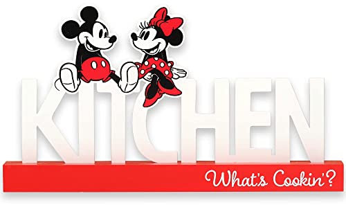 Disney Mickey Maus und Minnie Maus Küche Tischdekoration – What's Cookin' Metall Mickey und Minnie Dekoration auf rotem Holzsockel