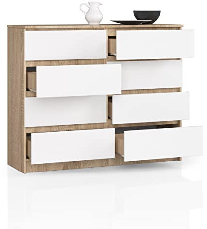 BDW Kommode, 8 Schubladen, viel Stauraum, Kleiderschrank, Flur, Badezimmerschrank, Kommode, Multifunktionsschrank. Abmessungen: 120 x 99 x 40 (Sonoma Eiche - Weiß)