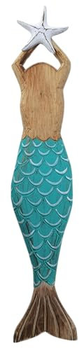 Generisch groß Deko Figur Holz Meerjungfrau Nixe Natur Maritim Dekoobjekt Skulptur Statue