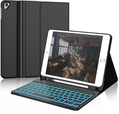 IVEOPPE Teclado iPad 6 Generación 9.7 2018,Funda Teclado Español Ñ Bluetooth Retroiluminados para iPad Air 2/Air 1/6 2018/5 2017/Pro 9.7, Negro