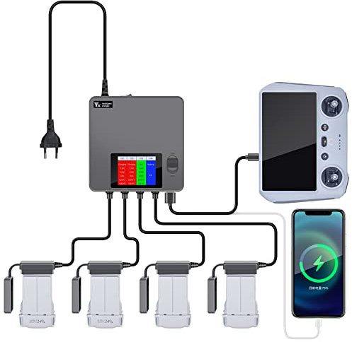 LYONGTECH LCD Parallel Akku Ladegerät für DJI Mini 3,Mini 4/3 Pro Drohne,6 in 1 Akkuladestation,Charger Hub,Display Charging Zubehör