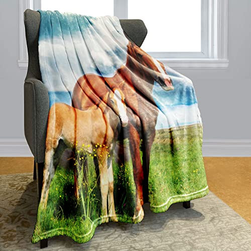 Zomer Decken 150x200 cm Kuscheldecke flauschig Sofa Decken Mikrofaser Tagesdecke mit Eltern-Kind Pferd Motiv