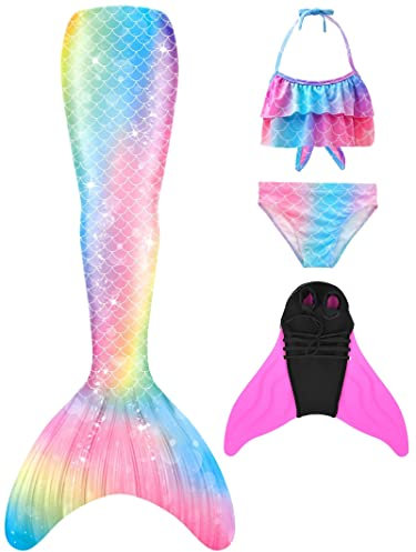 NAITOKE meerjungfrauenflosse mädchen Badeanzug - Meerjungfrau Flosse Bademode mit Bikini Set und Monoflosse Mermaid Tail, 4 Stück Set,IJNP,130