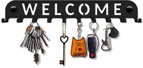 SirHoldeer Welcome Slim Portachiavi da parete con testo inciso 10 ganci per corridoio garage cucina Decorativo facile montaggio resistente in acciaio inox nero 270 x 45mm