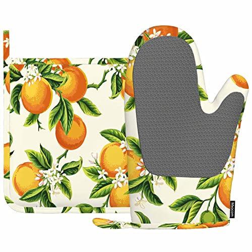 Mxocom Orangefarbener Ofenhandschuh und Topflappen mit Silikon, Sommerfrüchte, Cirtus blühend, weiße Blumen, Laub, grüne Blätter, Pflanze, hitzebeständig, Küche zum Kochen, Grillen, Frühling/Sommer