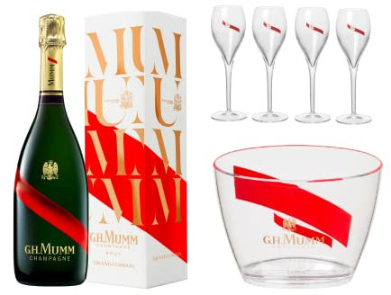 Champagne Brut G.H. Mumm Grand Cordon Luxury Set Magnum 1,5 Litri Astucciato + 4 Flutès Firmati + Cestello da Ghiaccio Firmato