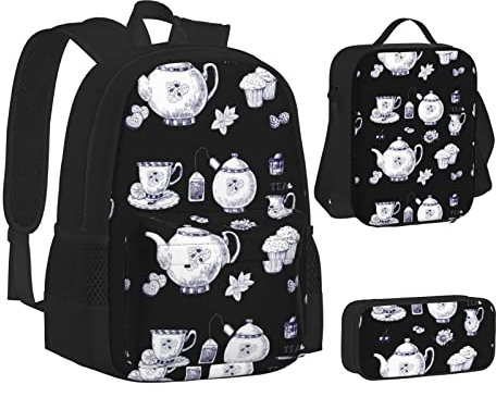 YINGD Hand Drawn Teapots and Cups Print 3 Piece Set School Backpack Girls Boys School Bags with Lunch Bag Pencil Pouch