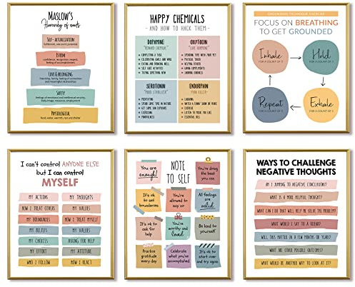6 Stück Poster für geistige Gesundheit, Therapie, Büro, inspirierende Wandkunst, positive Psychologie, Boho-Wanddekoration für Klassenzimmer, Schule, Berater, Büro, beruhigende Raumdekoration (Boho)