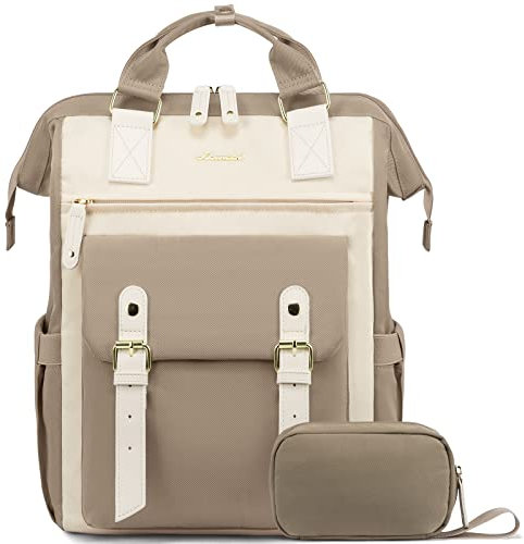 LOVEVOOK Sac a Dos Femme Grand pour Ordinateur Portable 17 pouces avec Étui pour Câble de Données, Impermeable Sacs ados PC,Ordi Feminin Elegant pour Voyage College Travail Beige