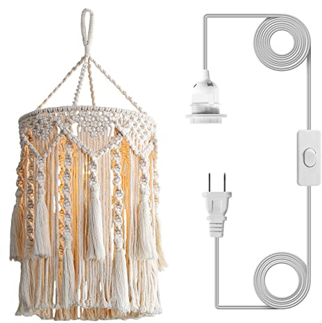 Bioaqua Boho Lamp Shade,Boho Hanging Lamp Handmade Macrame Lamp Shade Plug in Pendant Light,Bohemian Hanging Lights with Plug in Cord Light Fixtures for Boho Bedroom Decor Living Room (type 3)