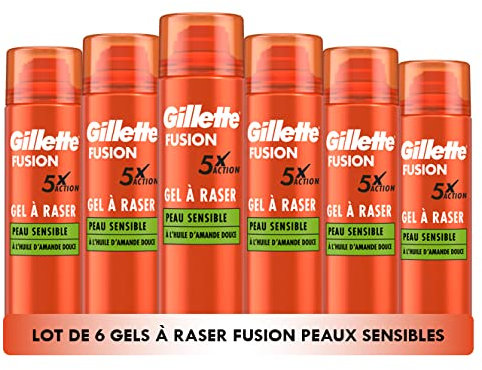 Gillette Fusion Gel À Raser Pour Homme À L’huile D’amande, Pour Les Peaux Sensibles, X5 Actions : Nettoie, Hydrate, Protège, Rafraîchit Et Apaise, 6x200ml