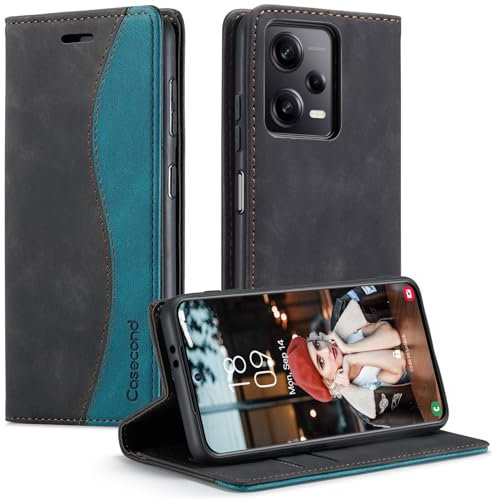 Casecond für Xiaomi Redmi Note 12 Pro+ Plus 5G Hülle (Nicht für Note 12 Pro 5G) Handyhülle Leder Flip Case Magnet Magnetisch Klappbar Klapphülle Wallet Lederhülle RFID Schutzhülle Schwarz und Blaugrün