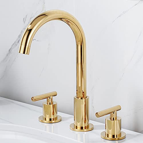 ZYCDP Robinet Lavabo 3 Trous,Robinet Lavabo Salle de Bain,Robinets+de+Lavabo+pour+Salle+de+Bain+Trois+Trous,Robinet Salle Bain Laiton,Robinet à Double poignée pour Salle de Bain,Or