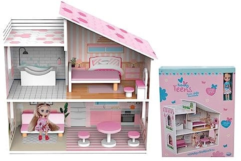 ODS - Trendy Teens, Casa delle Bambole in Legno, Casa Giocattolo a 2 Livelli con Accessori e Fashion Doll Bambolina Inclusa, 48 x 48 x 23,8 cm, Età Consigliata +3 Anni