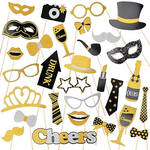 Anseom Cumpleaños Photo Booth Props, 30 Piezas Foto Props de Fiesta Reutilizable DIY Photobooth Accesorios Photocall Atrezzo Favorecer para Fotos de Bodas Navidades Cumpleaños