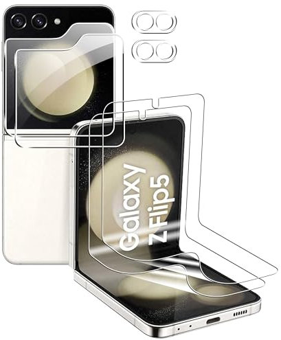 Rojeuinn pour Samsung Galaxy Z Flip 5 5G Souple Protection Écran,2 Pièces Protection Film Flexible+2 Pièce Verre Trempé Extérieure+2 Pièces Caméra Arrière Verre Trempé Protecteur,[sans Bulles]