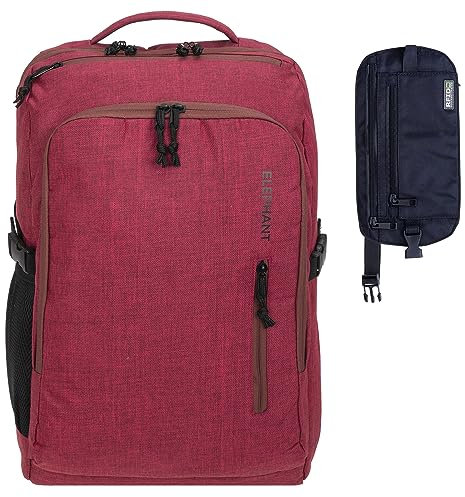 Elephant Handgepäck Reiserucksack großer Rucksack Laptopfach Wäschefach Geheimfach Trolley-Schlaufe Bordgepäck Reise Urlaub Tasche Fly Legends 12900 + RFID Hüfttasche (Rot Bordeaux - Braun Zip)