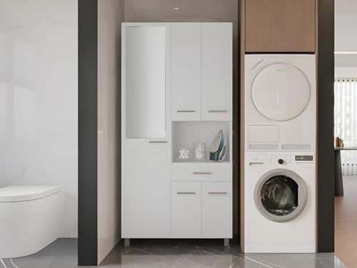 Vente-unique-Colonne de Salle de Bain avec Miroir sur Pied - 180 cm - Blanc - MINELA