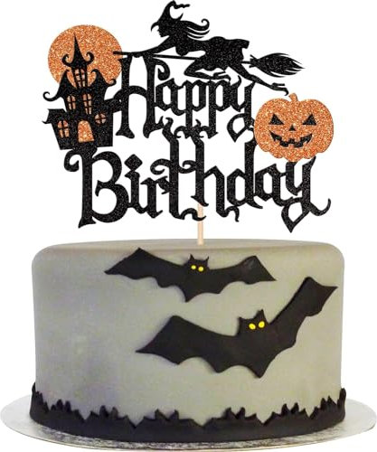 1 Stück Halloween Happy Birthday Tortendeko Glitzer Halloween Hexenbein Spukhaus Kürbis Kuchen Deko für Halloween Thematische Kuchendekoration Geburtstag Party Schwarz Orange